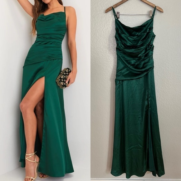 Unmistakable Allure Emerald Green Satin Pleated Maxi Dress - Picture 1 of 10